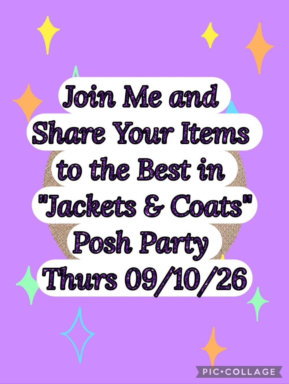 Purple Join Me Posh Party Poster for "Jackets & Coats" Event